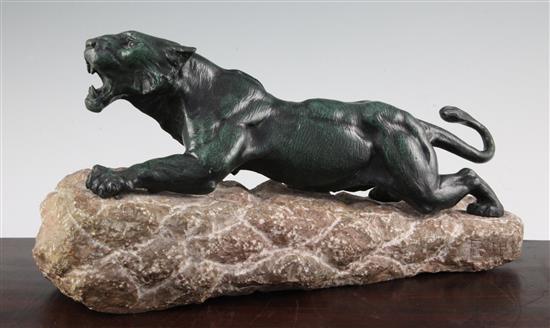 Richard Fath. A French Art Deco patinated bronze model of a crouching panther, 15.75in.